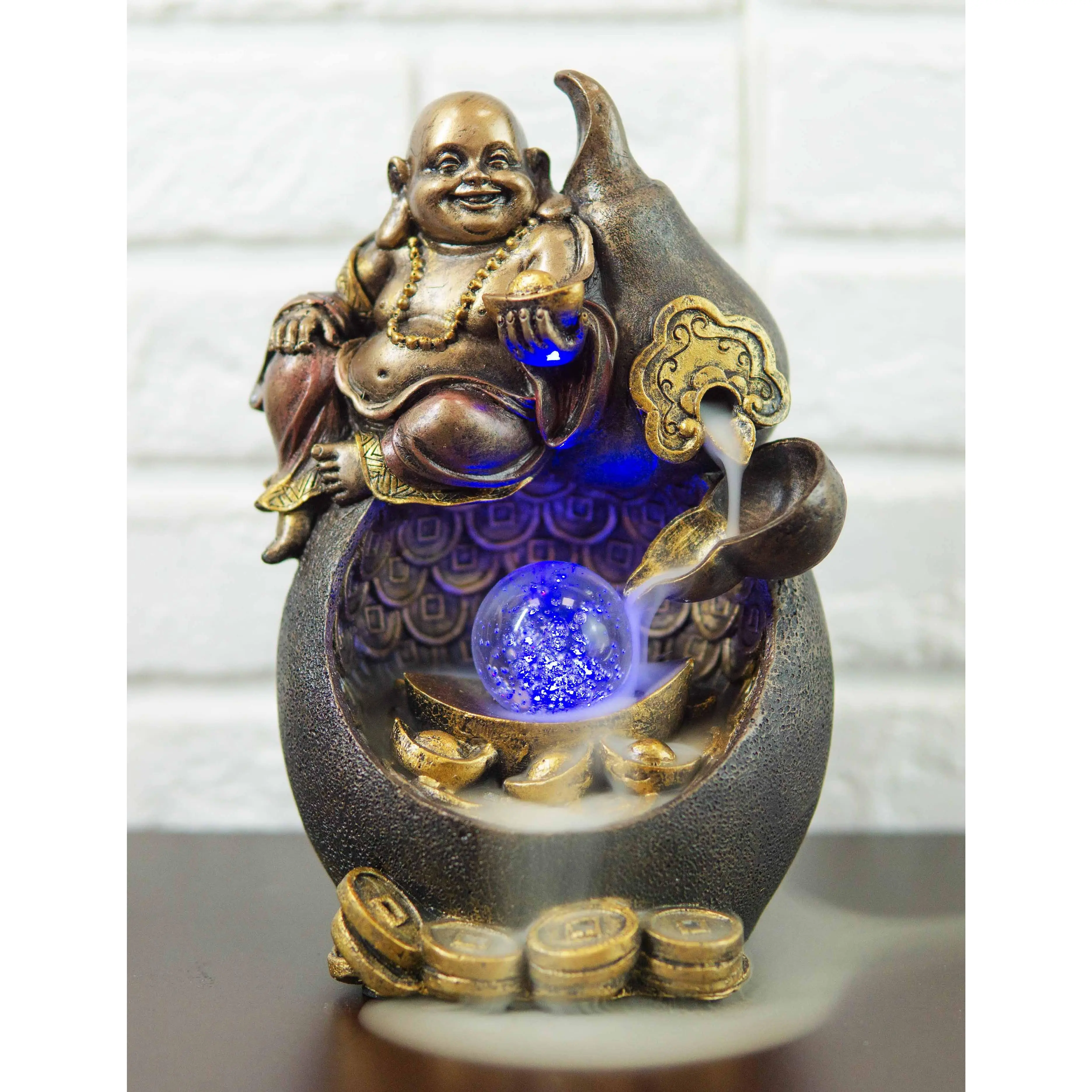 Happy Buddha Hotei Sculpture, Wine Gourd-Seated Backflow Incense Burner with LED Light & Mist + LED Magic Effect, Mist Down from Coin Home Decor Basin Statue