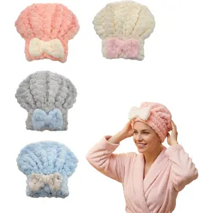 Microfiber Hair Towel 4-Pack,  Drying Hair Turban with Bow for Women - Soft Absorbent Hair Wraps, Shower Cap, Gray  Blue White