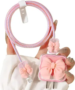Compatible with iPhone 18W/20W USB-C Charger Cover Cute 3D Bow Tie Design Clear Soft Charger Protector Kawaii Cable Saver for iPhone 11 12 13 14 Pro Max Fast Power Adapter, Pink 2 (5in1)