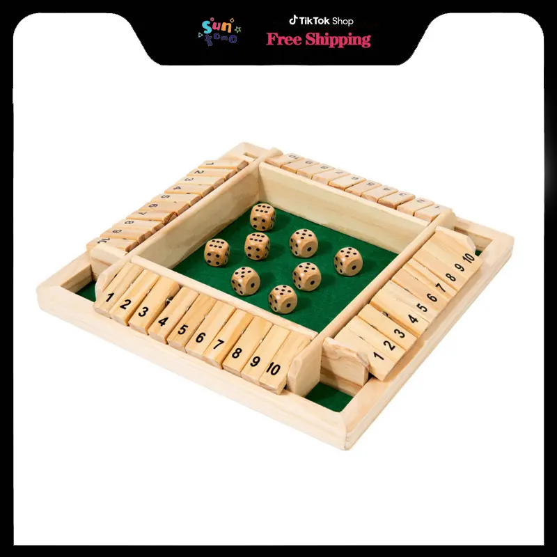 Suntomo Wooden Shut The Box Game (2-4 Players) - Large 4 Sided Board, 8 Dice - Wooden Board Table Math Game Amusing Addition Game for Kids & Adults, 9 Inch (Small)