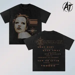 Godsmack Moon Baby Vintage Washed Oversized Graphic Tee, Alternative Metal Hard Rock Band Shirt, Double Sided Y2K Grunge Streetwear T Shirt, Heavyweight Cotton Nu Metal Music Merch Unisex Top, Retro Concert Outfit Gift for Rock Fans