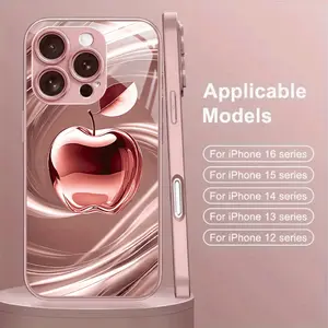 Red Apple Pattern, Pink Metallic Paint Glass Phone Case, Suitable for iPhone 17, 16, 15, 14, 13, 12, 11 Pro Max, Shockproof Protection, Anti-Fingerprint, Face Protection, Fashionable