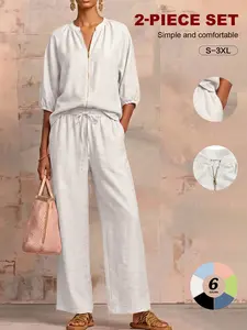 Women's Matching Lounge Set Quarter Zip Pullover Top Loose Wide Leg Pants 2 Piece Sweatsuit Casual Outfit