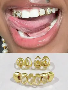3-Piece Set/2-Piece Set Hollow Star and Heart Grillz, 4pcs Hexagonal Metal Hip Hop Teeth Jewelry, Fashion Party Accessory, Christmas Couple Gift, Teeth Kit, Teeth Cover Girls