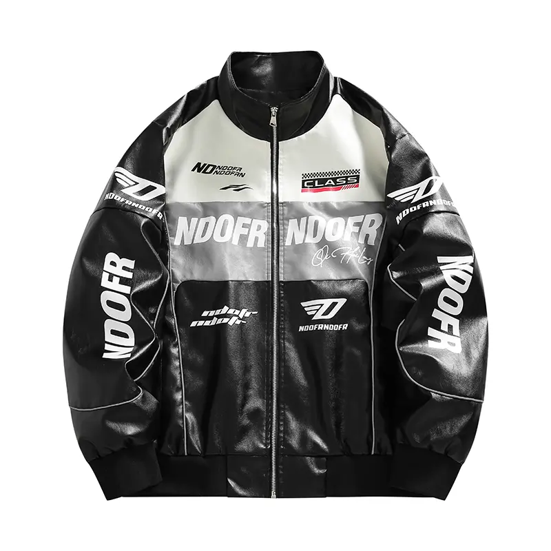 Men’s racing-style faux leather motorcycle jacket, Y2K American street style zip-up outerwear with color-block letter print, stand collar, loose casual fit, suitable for streetwear hip-hop, everyday wear, outdoor activities, and more.