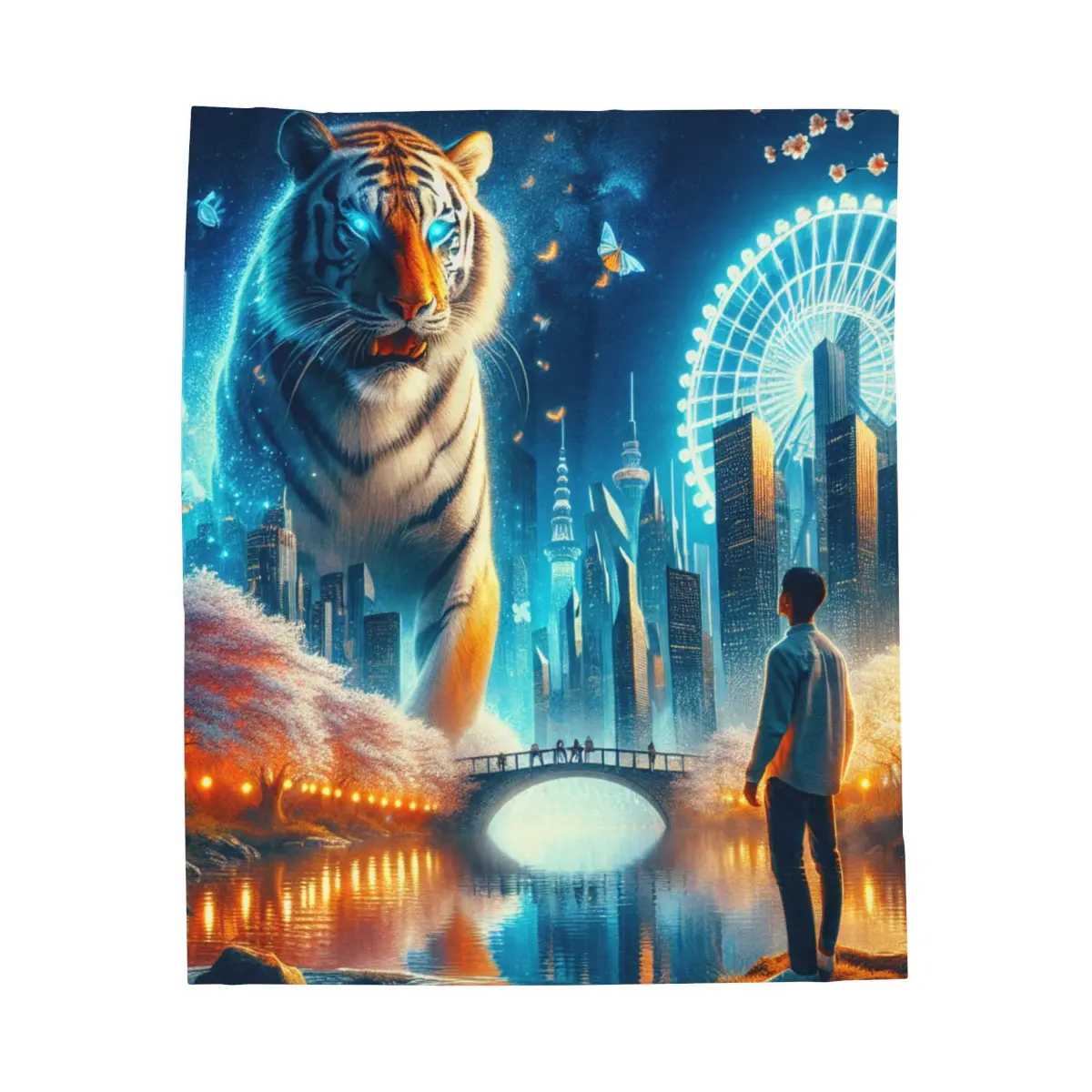 Giant Tiger in a Fantastical Cityscape- Plush Blanket
