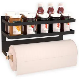 Magnetic Paper Towel Holder for Refrigerator,Magnetic Spice Rack with Paper Towel Rack Storage Organizer Fridge Shelf,Used for Kitchen,Bathroom, Drill Free (B-Black) (Black)