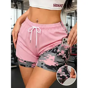 Women's 2-in-1 Camo Patchwork Athletic Shorts, High-Elastic Anti-Chafing Lined Shorts with Drawstring Waist & Hidden Pocket, for Gym, Sports & Streetwear