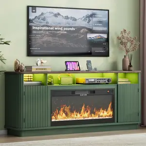 70" Fluted TV Stand/TV Stand with 36" Electric Fireplace, Modern Entertainment Center Wood Media Console w/Power Outlets and LED Lights and Adjustable Shelves for Living Room,Black/Green/Natural