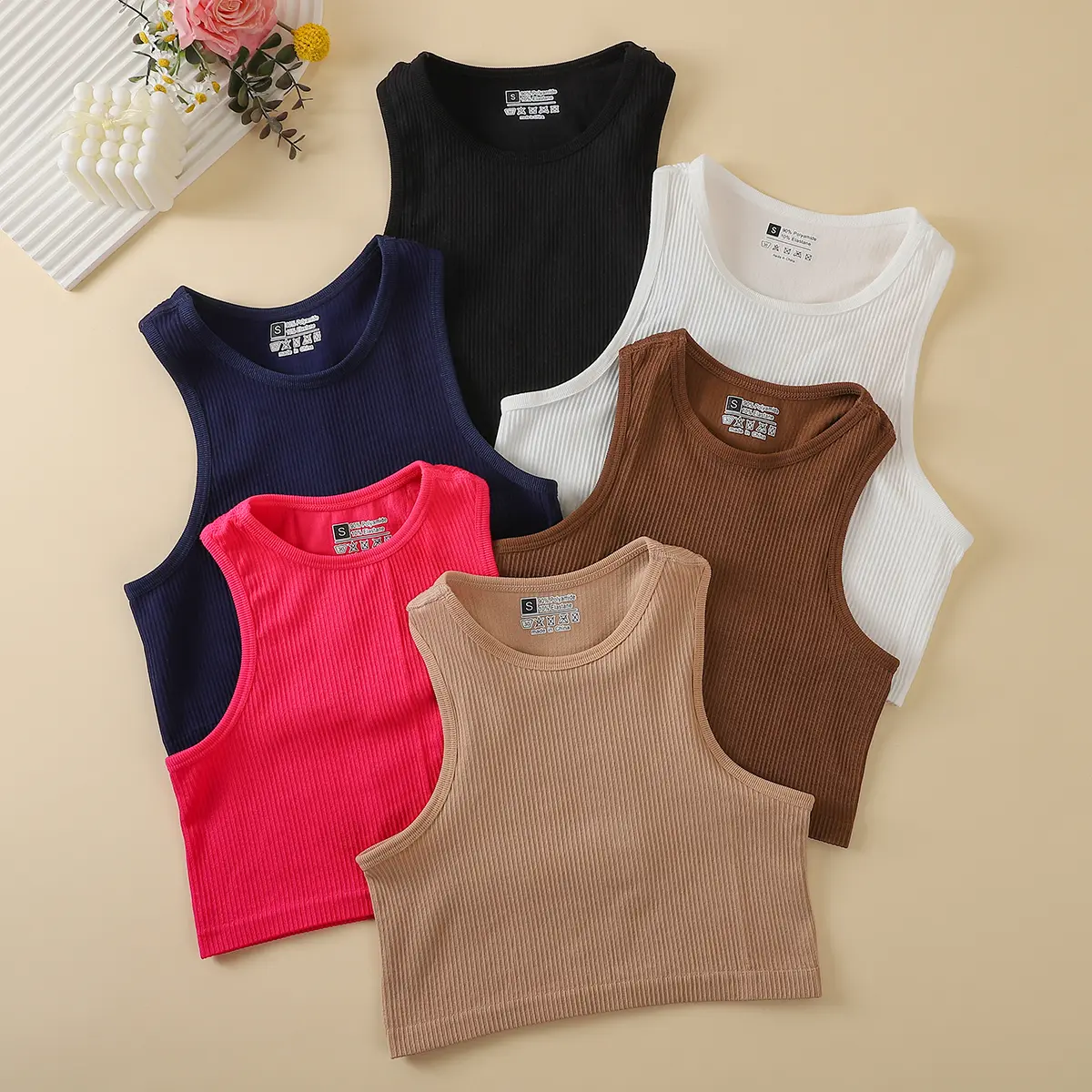6 Pcs Women's Solid Round Neck Cropped Sports Running Vest, Basic Crew Neck Sleeveless Sport Tank Top, Pickleball Tennis Top, Women's Sport&Outdoor Clothes Workout Gym Exercise, Gym Tops, Athletic Apparel, Soft Fit Tops