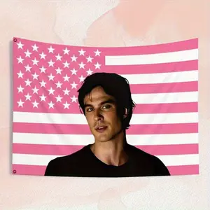 60in x 40in 1pc Vampire Diaries Damon Salvatore TVD Fan Flag - Pink American Flag with Damon Salvatore Portrait, Heavy-Duty Polyester Outdoor/Indoor Decoration, Official TV Show Design for Home, Office, or Damon Salvatore Fan Gifts, Fandom Merchandise,