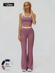 Women's  Two-Piece Colorblock Yoga Set, Comfy Breathable Sports Tank Top & High Waist  Tummy Control Butt-Lifting Ribbed Flare Pants, Casual Activewear Fitness Sportswear, Versatile Gym Workout, Yoga Tracksuit Set