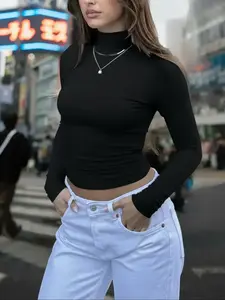 Women Black Turtleneck Long Sleeve Slim Fit Crop Top Basic Solid Mock Neck Tee Sexy Tight Fit Stretch Casual Streetwear Party Clubwear Autumn Winter Outfit Minimalist Elegant Y2K Trend Top