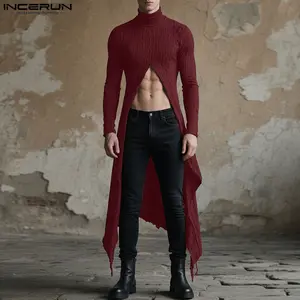 INCERUN Men's High-Neck Stretch Soft Textured Spandex Long-Sleeve Streetwear T-Shirt - Plain Avant-Garde Design, Asymmetric Slit, Pleated Overall Hem Detail, Premium Fabric