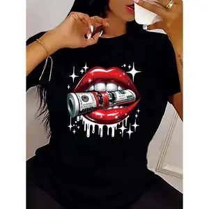 [100% Cotton] Red Lips & Dollar Print T-shirt, Casual Short Sleeve Crew Neck Top Stylish All Season Women's Clothing  Golf Gift T-Shirt For Men and Women
