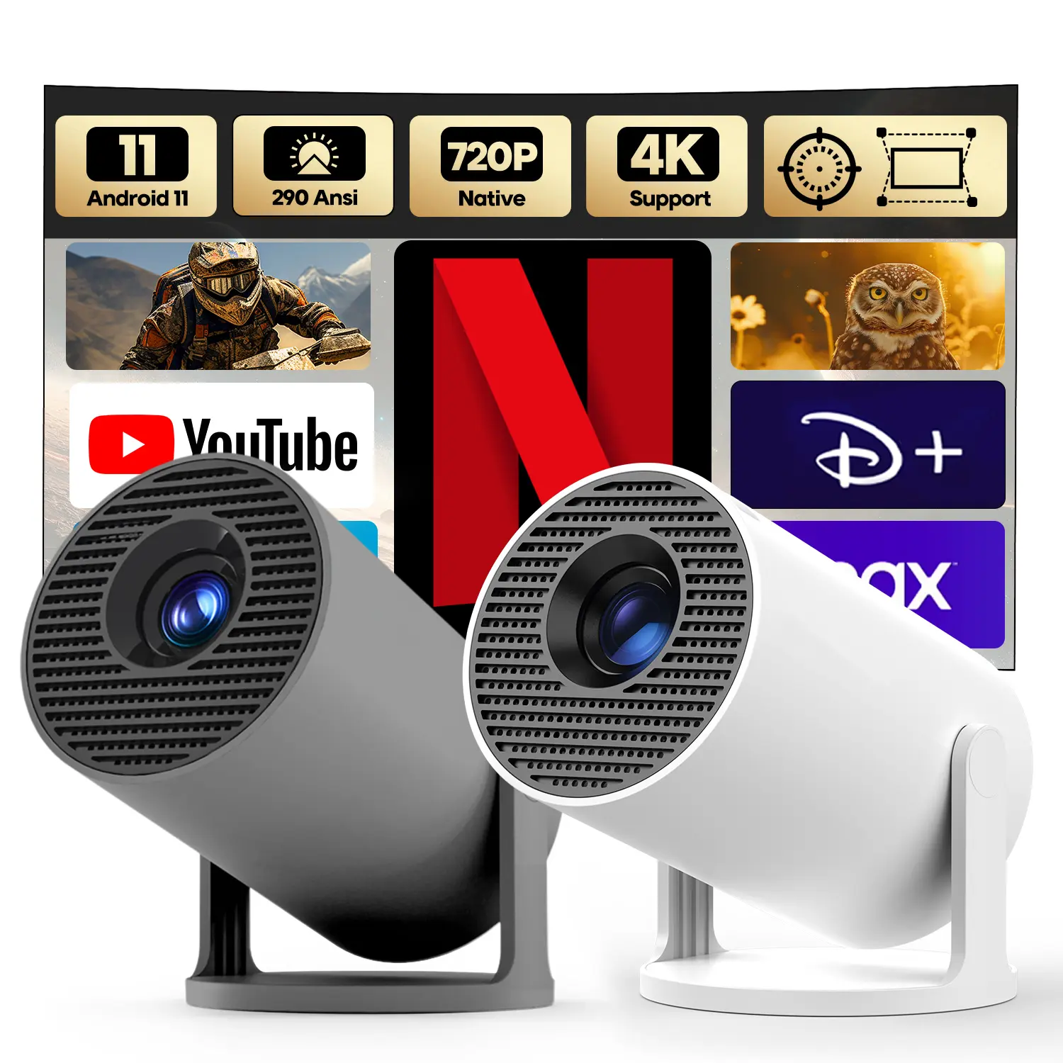 HY300Pro Portable Projector 290ANSI Lumens 8K/4K/1080P Decode Allwinner H726 2.5&5.8G Dual WiFi6 Smart Android 14 BT5.4 Native 1280*720P Built-in Speaker Auto Keystone Correction Home Cinema Movie Projector - Audio #SummerWins #DealsForYouDays