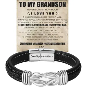 Personalized Son's Infinity Knot Bracelet Gift, To My Son/Grandson Stainless Steel Infinity Knot Leather Engraved with Love You Forever Bracelet Forever Linked Together Jewelry for Birthday Christmas