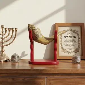 Hand-Polished Resin RAM's Horn Shofar Replica, Decorative Shofar Set with Wooden Stand, Religious Home Decor, 9.84" Height, Non-Blowable Ornament