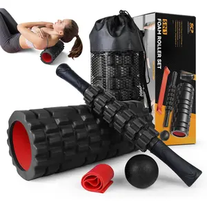 5 in1 Foam Roller Set, Trigger Point Foam Rollers, Massage Roller Stick, Massage Ball, Resistance Band for Deep Muscle Massage Pilates Yoga,Fitness Exercise for Whole Body (Black-Red)