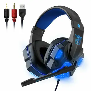 3.5mm Gaming Headset Mic LED Headphones Stereo Bass Surround for PC PS4 One 40mm Speaker 32 ohm 102dB Sensitivity with USB Interface & Telescopic Head Beam Adjustment