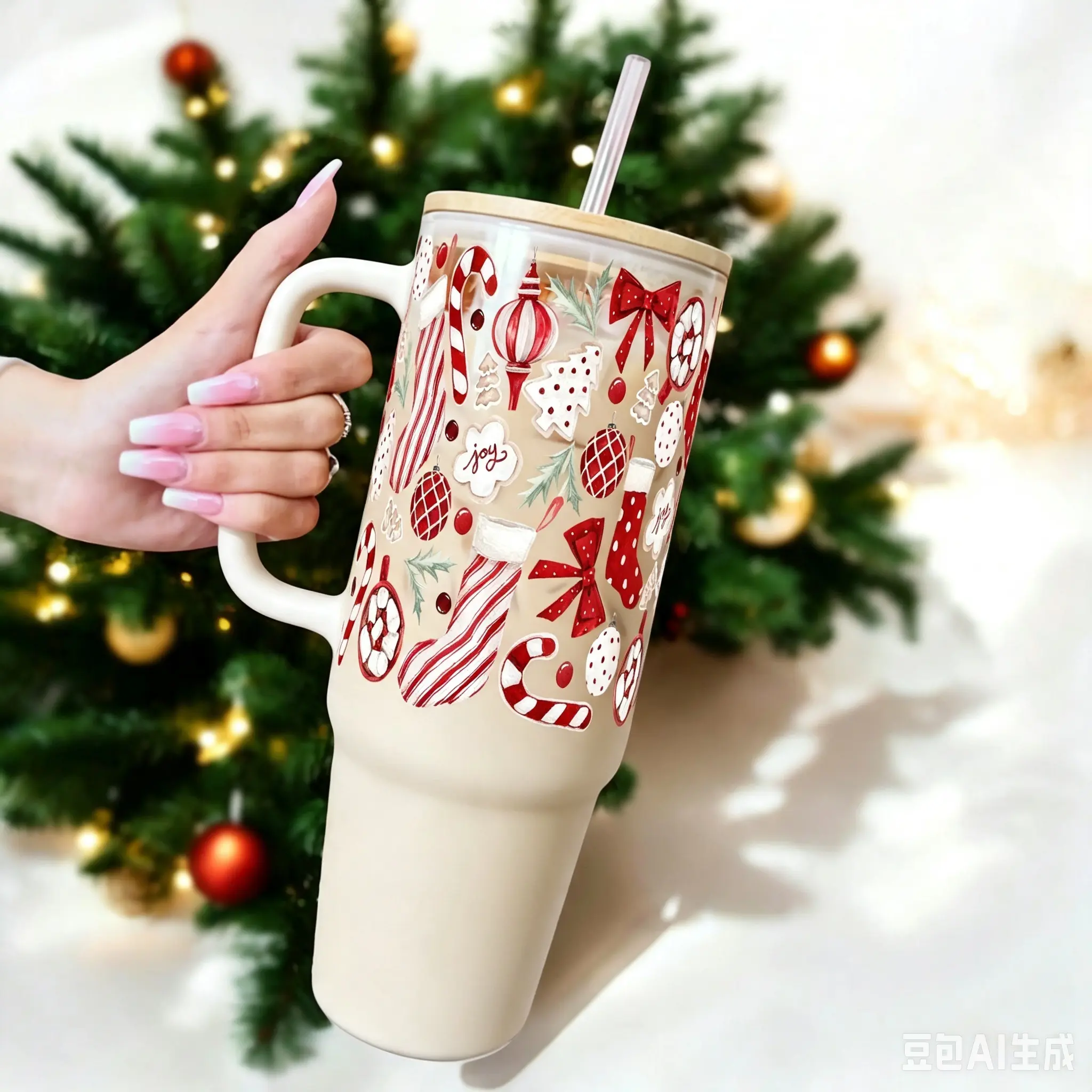 40oz Christmas Glass Tumbler with Lid+Straw, Portable Cup, Reusable Washable Iced Coffee Drinkware, Holiday Gift Idea for Women