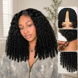 V Part Wig Human Hair Burmese Curly Glueless Wigs Human Full Head Clip In Half Wigs Upgrade U Part Human Hair Wig with Drawstring 180% Density Natural Black