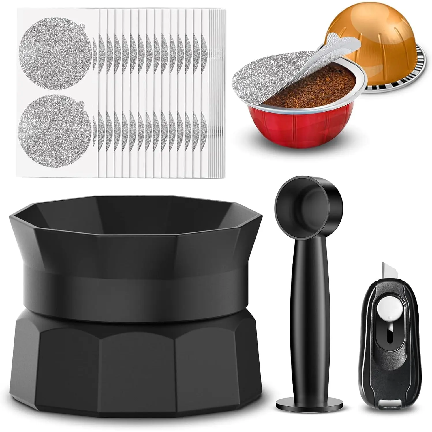 Refillable All-in-1 Coffee Refill Kit for Nespresso Vertuo - Wide Mouth, Easy Refilling, Tight Seal, Machine-Friendly, 100 Aluminum Foil Covers, Scoop, Lid Opener (No Pods, Perfect Fit for VertuoPlus Espresso Machine, Save Money), All-In-One Refill Kit