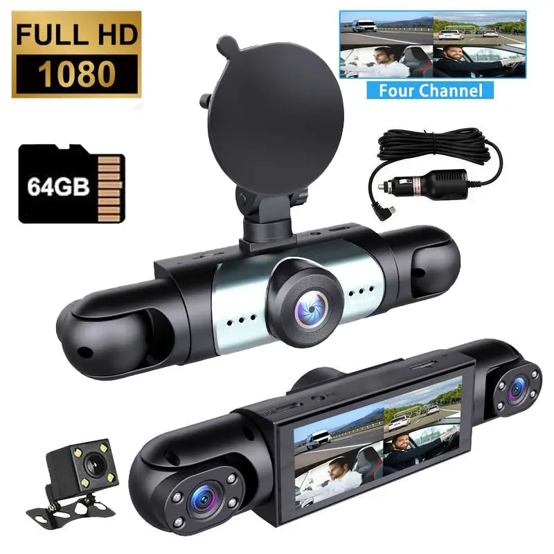 4 Channel  Car Dash Cam,1080P Car DVR with 64GB Memory Card，Plug and Play，Car Video Surveillance with Night Vision， Car DVR Hd Screen Front Rear Left And Right dashcam，No battery