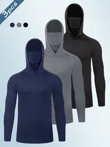 3pcs Men's Sporty High Neck Compression Long Sleeve Hoodie Set, Gym Sport Hoodies, Polyester Fabric, Elastic Fit, All-Season Wear, Athletic Compression Shirt, Ideal for Sports & Outdoor Fitness