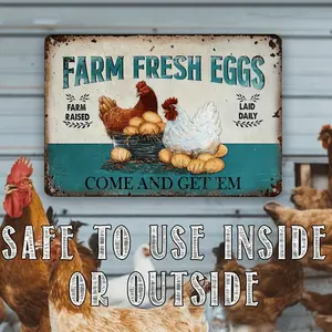 2D Flat, 1pc Vintage Rustic Farm Fresh Eggs Metal Wall Decor - Classic Square Sign with Rooster & Chicken Illustration, 8"x12" (20x30cm) Farmhouse Kitchen Wall Art, No Electricity Needed