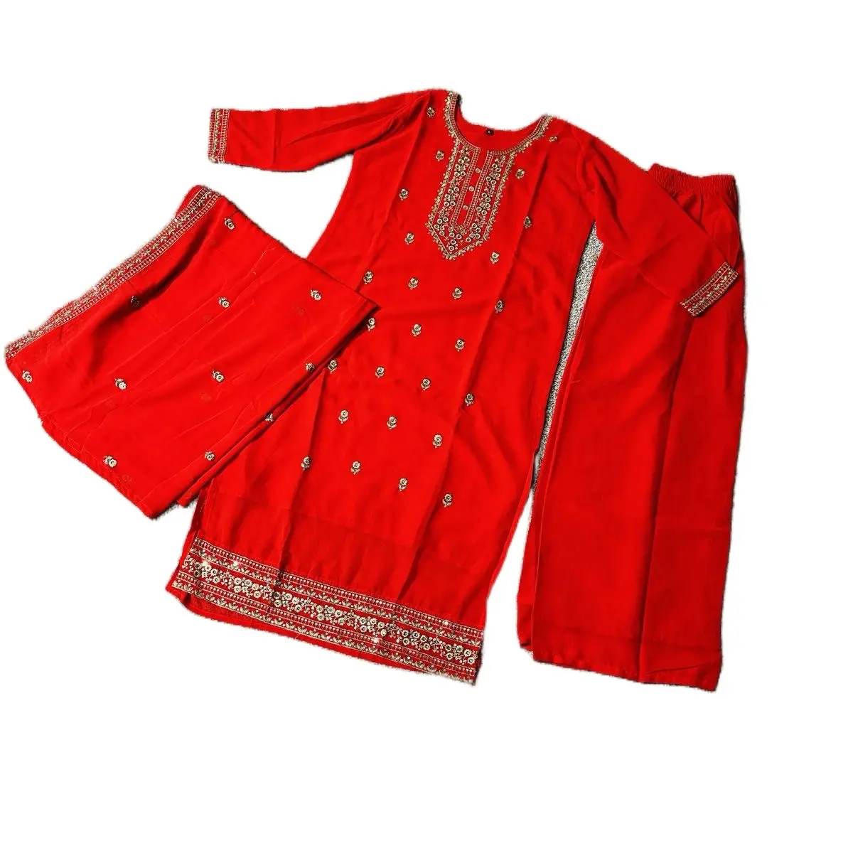 Women's Traditional Jadi Work Kurti Plazo Set - Gorgette - Lady Comfort Suits Pants - Overalls, Womenswear Comfortable Lightweight Breathable Soft Fabric Clothing