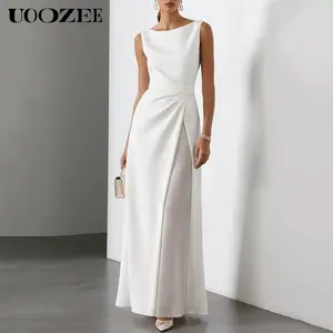 UOOZEE Women 2025 Summer/Spring Rayon Pleated Slightly Stretch & Sheer White A-Line Dress 2025 New Fashion Sleeveless Solid Color Split-Joint Round-Neck Elegant Evening Maxi Dresses - (Sizing Runs Small - Check Size Guide or Order Larger) Fit