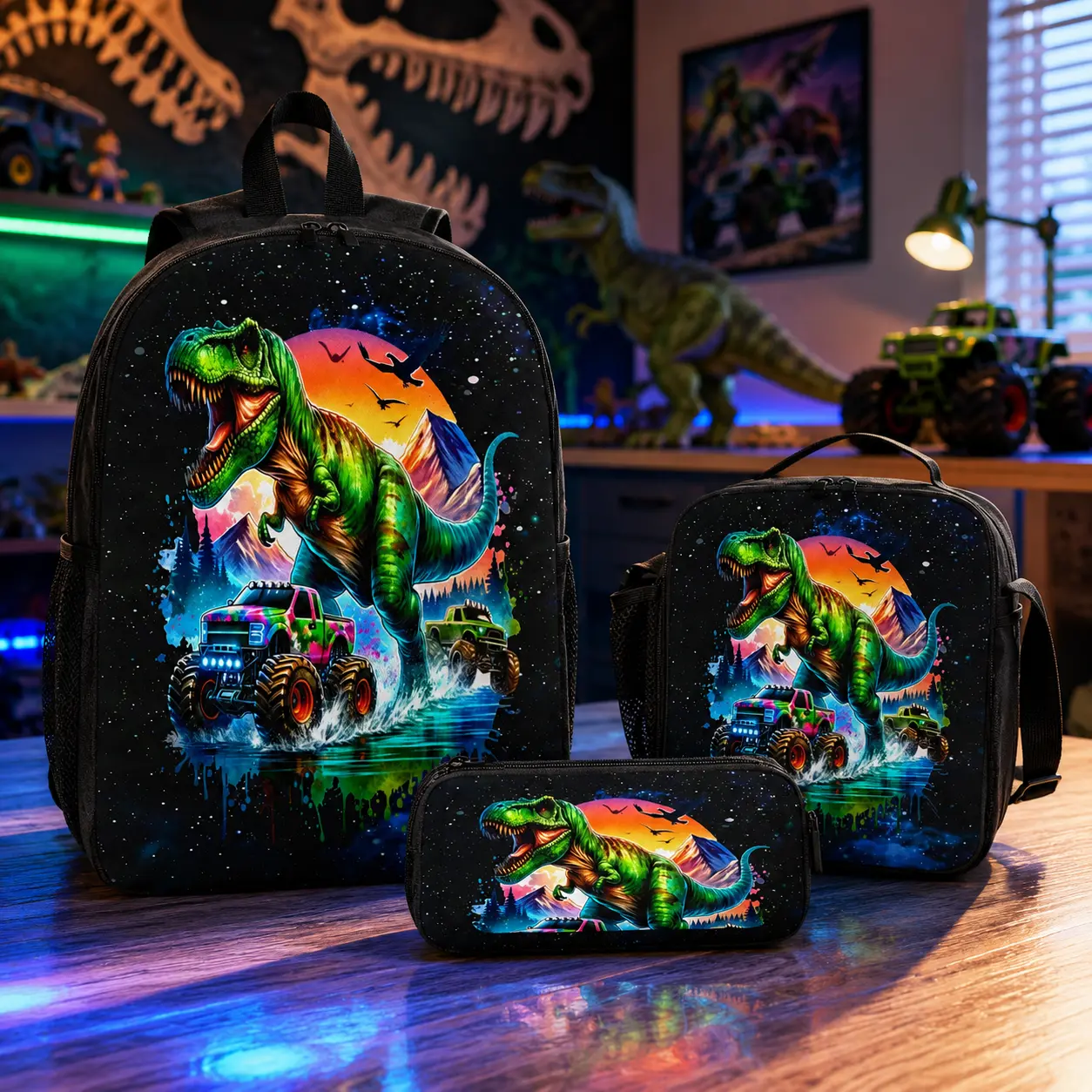 Kids Dinosaur Backpack Set 3 Piece with Lunch Bag and Pencil Case, T Rex Monster Truck School Bookbag, Galaxy Dino Backpack for Boys Girls, Lightweight Travel Bag with Padded Straps, Back to School Gift
