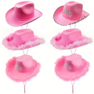 6-Pack Pink Western Party Crown Cowboy Hats with Faux Feather Boa and Silvery Trim, Bachelorette Theme Costume Hat for Music Festivals, Role-Play Wedding Attire Accessories