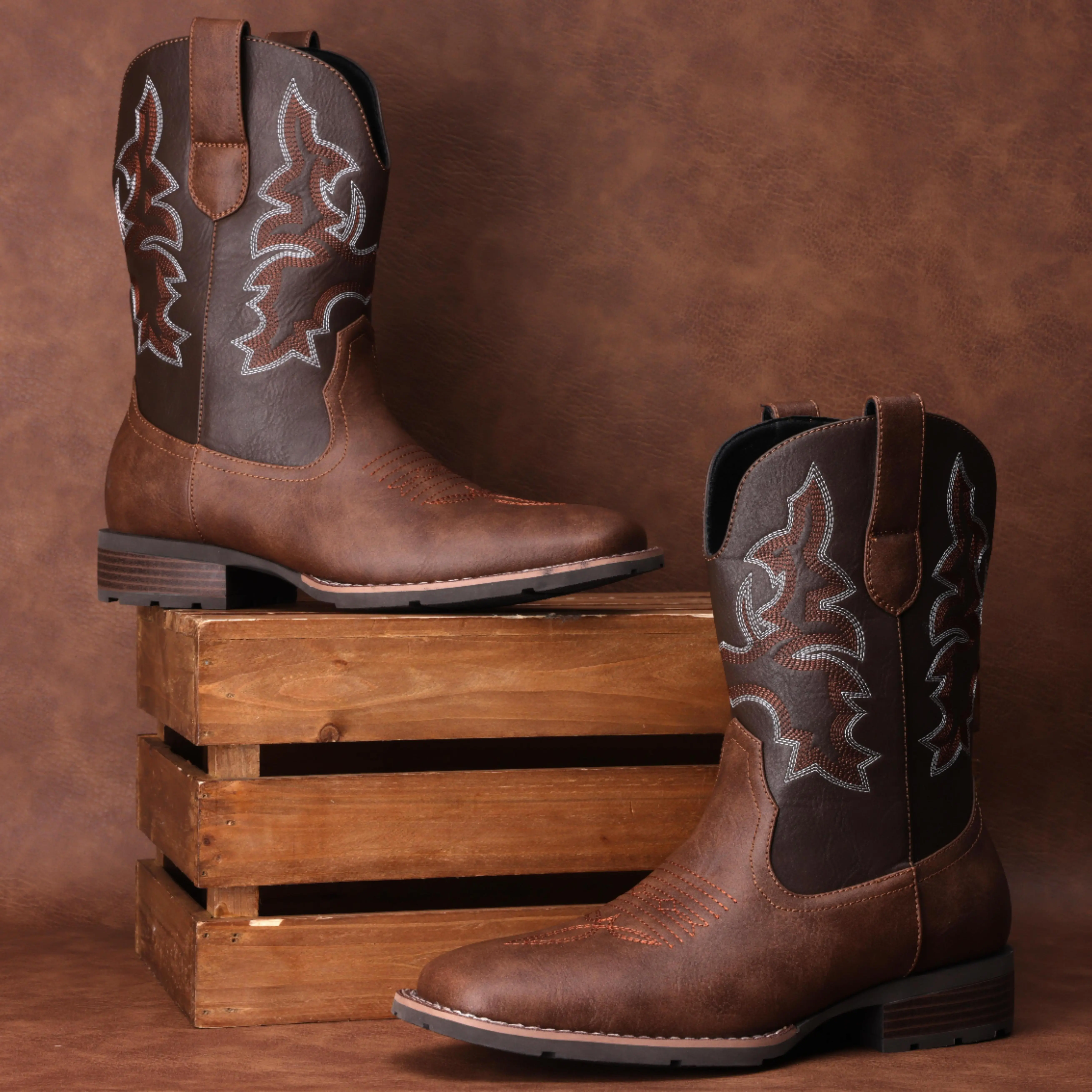 PlusSize Men's Eleet Cowboy Boots - Faux Leather Western OOTD Shoes with Embroidered Design, Slip-Resistant Square Toe, Chunky Heel, Retro Style, Cowboy Aesthetic, Durable Ankle Botas for Walking