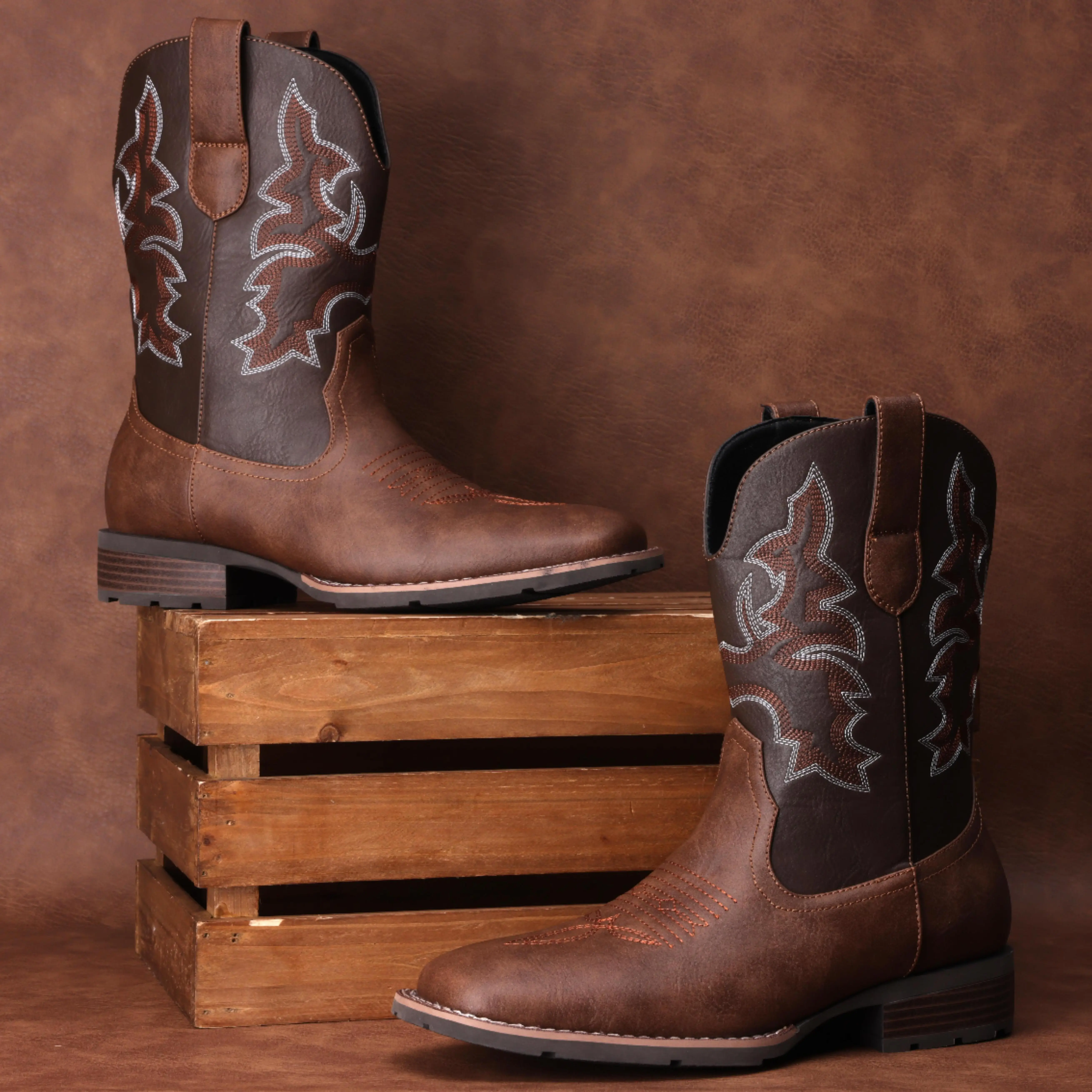 【5Colors】Eleet Cowboy Boots for Men - Men's Western Boots With Embroidered, Slip Resistant Square Toe Chunky Heel Ankle Boots, Durable and Fashionable