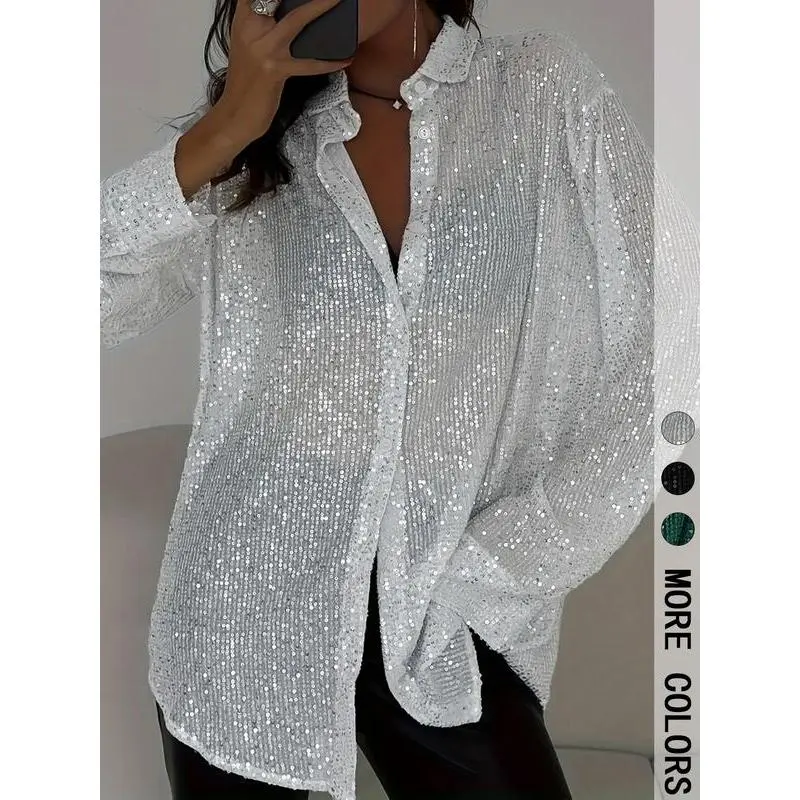 Women's Sequined Sheer Long-Sleeve Button Blouse - Sports & Outdoor Elegant Top, Casual Everyday Top, Suitable for Party & Evening Wear, All Seasons