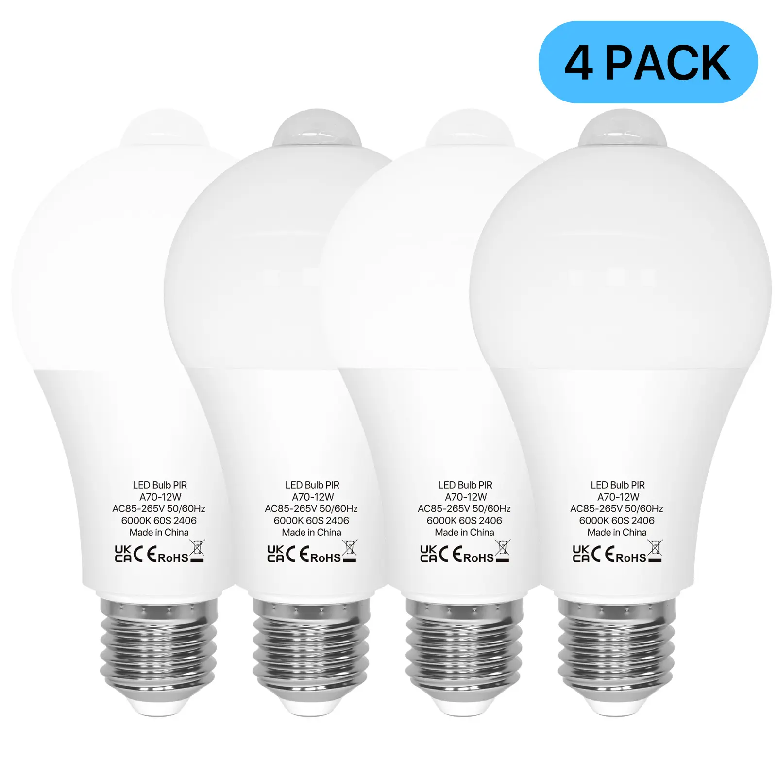 4-Pack A19 E26 Motion Sensor LED Light Bulbs, 12W 100w Equivalent 6000K Cool White, Indoor-Outdoor Motion-Activated Bulbs for Garage, Porch, Hallway
