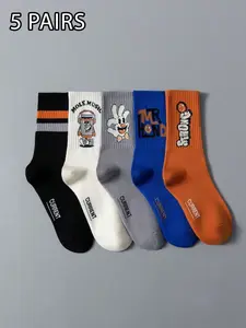 Men's 5 Pairs Mid-Calf Socks Set, Street Cartoon Print, Colorblock Design, Breathable Skin-Friendly, Casual Sports Wear, Unisex, Soft Breathable Socks