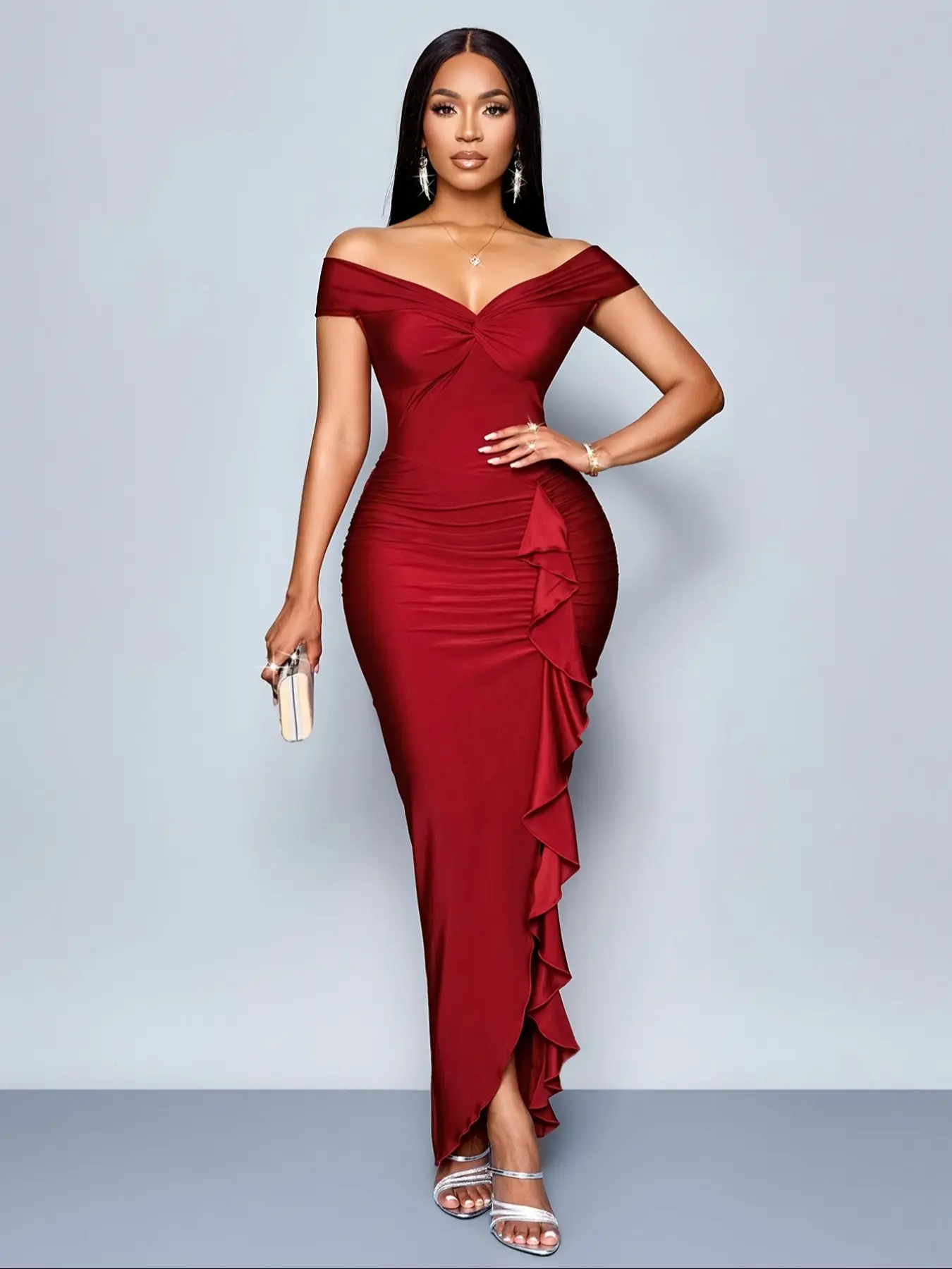 Ladies' formal evening dress, sexy and spicy, Ruched, with pleated details and high slit, one shoulder Ladies' formal evening dress, sexy and spicy, Ruched, with pleated details and high slit, one shoulder