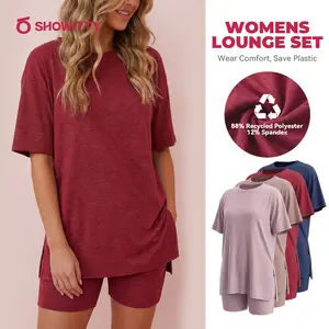 SHOWITTY Womens Lounge Set – Short Sleeve Crew Neck Top and Shorts Set, 88% Recycled Polyester Pajama Outfit with Side Pockets, Soft Stretch 2 Piece Outfit