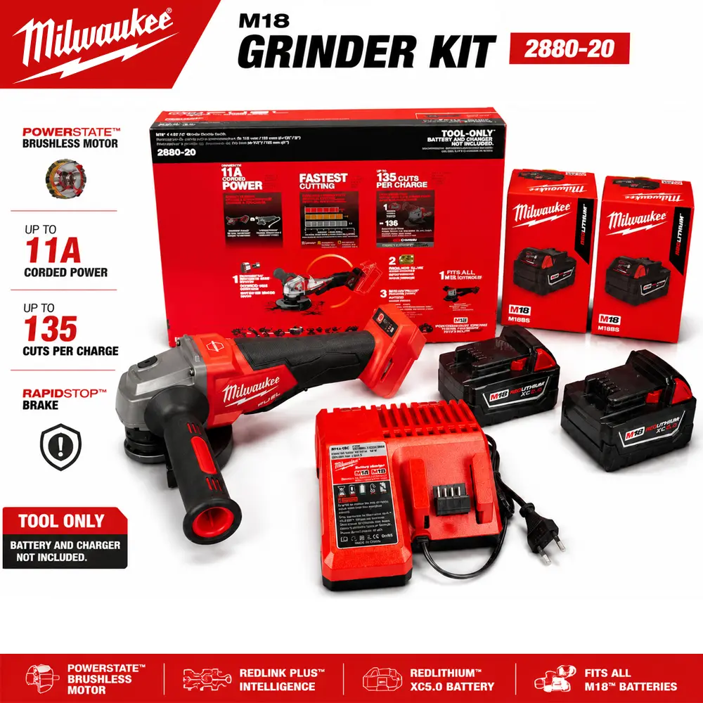 Milwaukee 18V Brushless Cordless Angle Grinder - 125mm Disc, 9000 RPM High-Speed Compact Tool with Batteries for Metal Surfaces Cutting Tasks, DIY Projects
