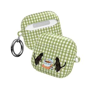 Vintage Green Gingham AirPods Case Cover – Black Cat Cooking Soup Aesthetic, Cute Cottage Kitchen Plaid Design, Checkered Kitty Foodie Lover Accessory Gift – Case for AirPods Pro/Pro 2, AirPods 1/2/3/4