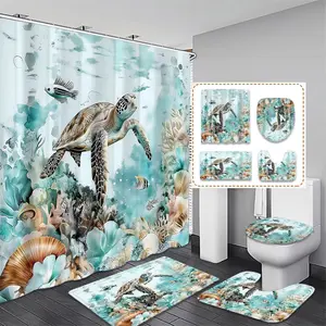 Creative Ocean Theme Turtle Bathroom Curtain Set, Shower Curtain Sets, Includes Toilet Lid, Bath Mat, Hooks, Modern Home Decor, Christmas Gift