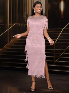Women Sexy Party Evening Tassel Long Dresses Patchwork Round Neck Mesh See Through Celebrate Event Tight Summer Bodycon Prom Occasion Formal Wear Womenswear Robes New Elegant Party Dress