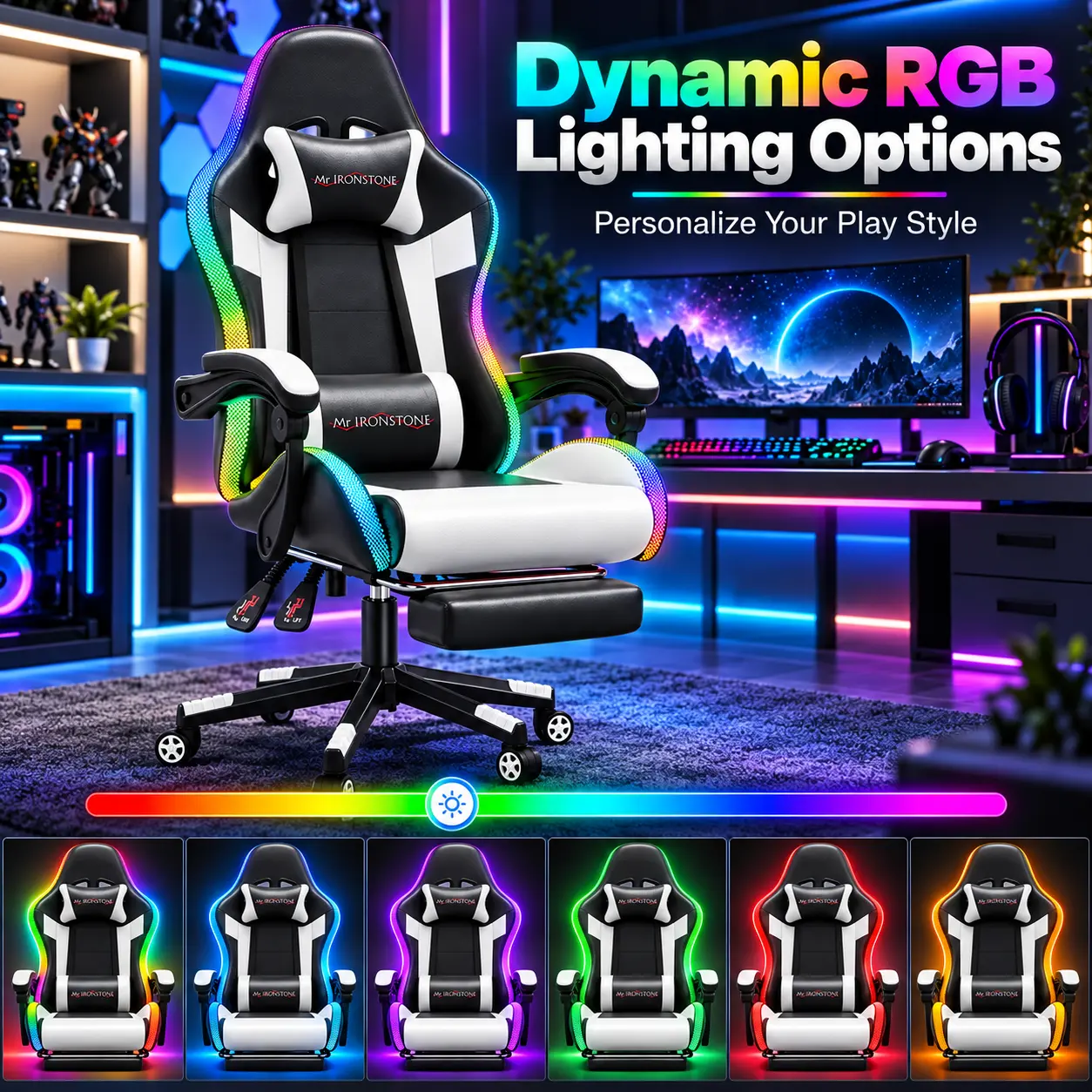 【RGB Chari】Mr IRONSTONE Gaming Chair, RGB LED Lights Computer Chair with Footrest, Lumbar Support Gamer Chair, High Back, 90-135° Reclining, Linkage Armrests, Red