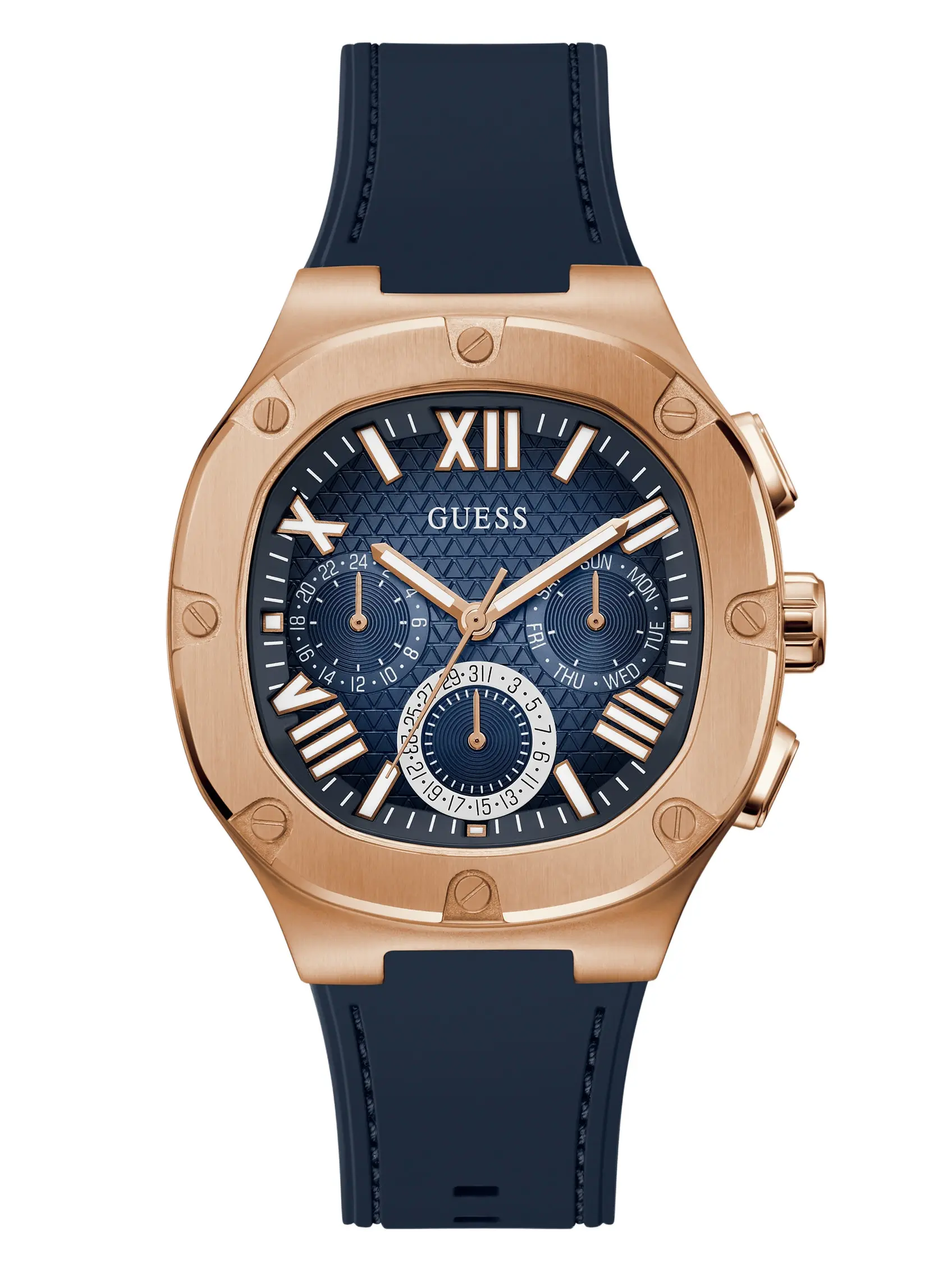 GUESS Male Rose Gold-Tone and Navy Silicone Multifunction Watch