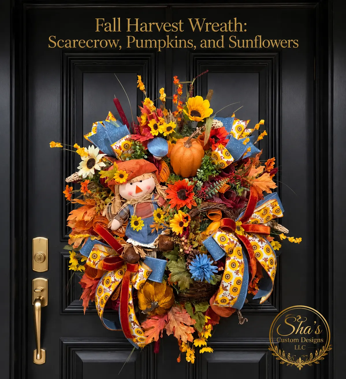 Happy Harvest Helper Wreath - Denim Scarecrow with Orange Hat & Basket of Pumpkins Maple Leaves Mushrooms Greenery Festive Ribbons 27x32x7 Inch Autumn Decoration