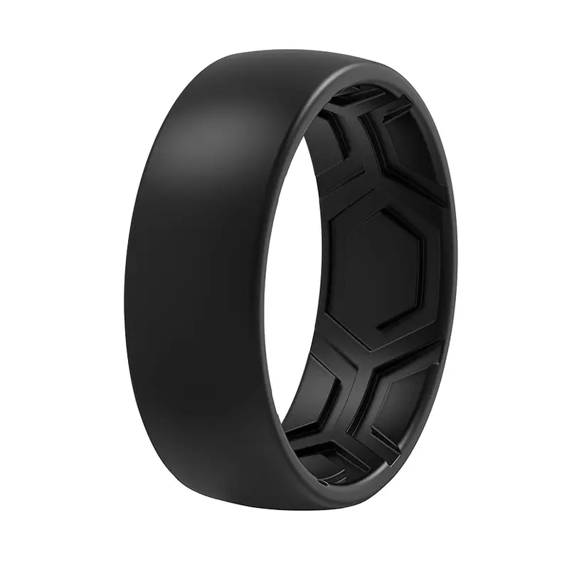 Men's Black Premium 8MM Patterned Silicone Band Rings - Rubber Safety Rings with Breathable Air Grooves for Workout, Marriage, Anniversary, Trekking