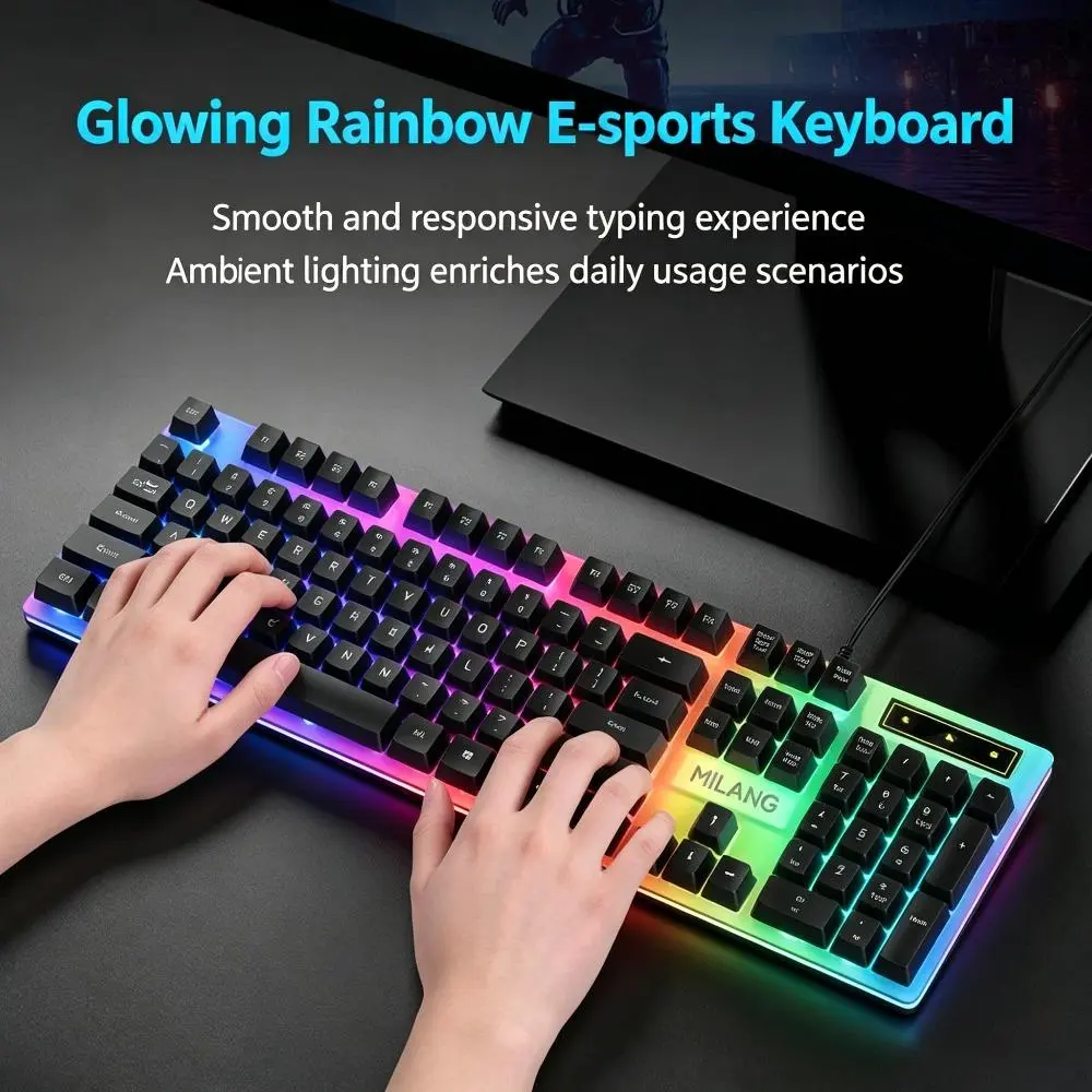 104-Key Wired Gaming Keyboard, Rainbow Backlit Ergonomic USB Full-Size PC Accessories for PC Laptop Desktop Gaming & Typing
